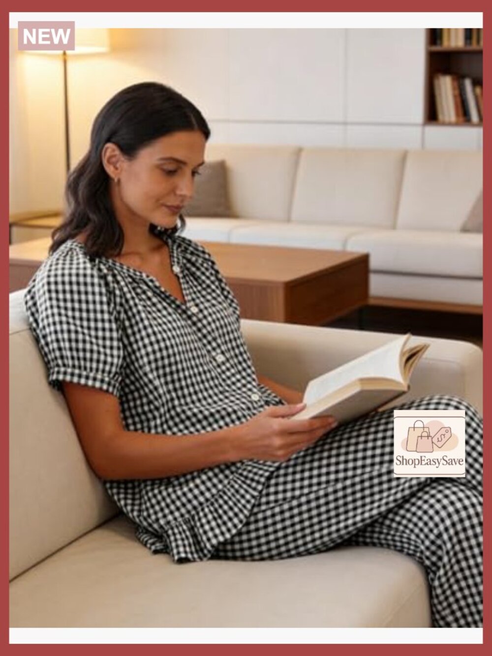 Cotton Gingham Pajama Set Cute Ruffle Babydoll Top Wide Leg Pants - Picture 3 of 5